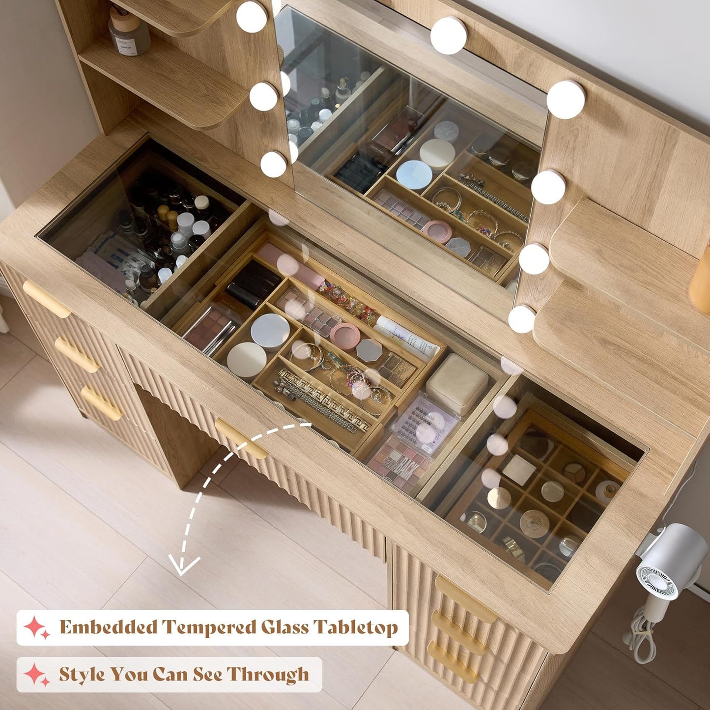Modern Oak Vanity Desk with Adjustable LED Mirror & Charging Station