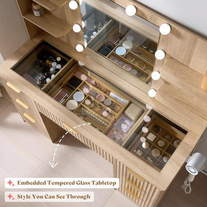 Modern Oak Vanity Desk with Adjustable LED Mirror & Charging Station