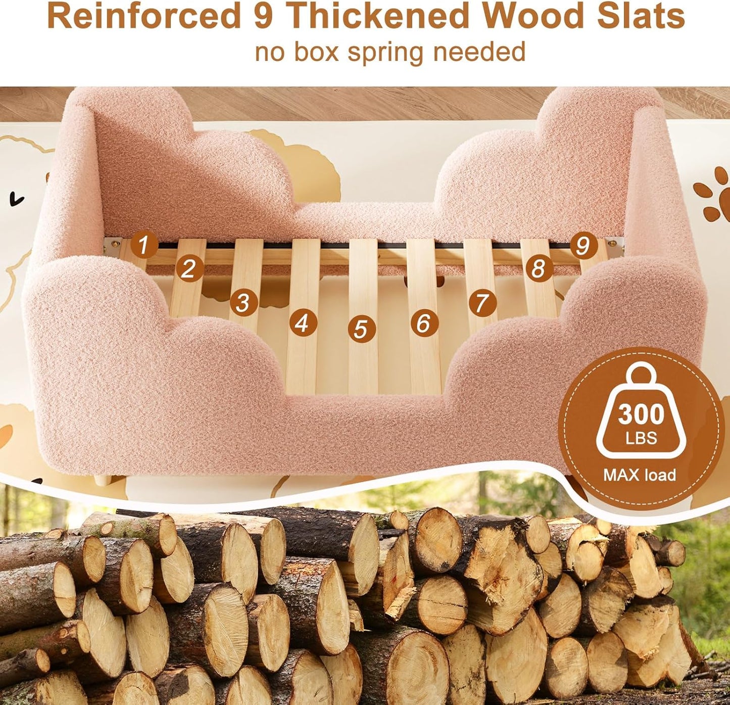 Toddler Bed Frame, Toddler Bed Upholstered, Low Profile Kids Beds with Safety Guardrails Floor Beds with Wood Slats for Girls Boys Children Aged 3-7 Years Old - Crib Size/Pink