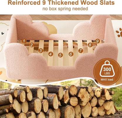 Toddler Bed Frame, Toddler Bed Upholstered, Low Profile Kids Beds with Safety Guardrails Floor Beds with Wood Slats for Girls Boys Children Aged 3-7 Years Old - Crib Size/Pink