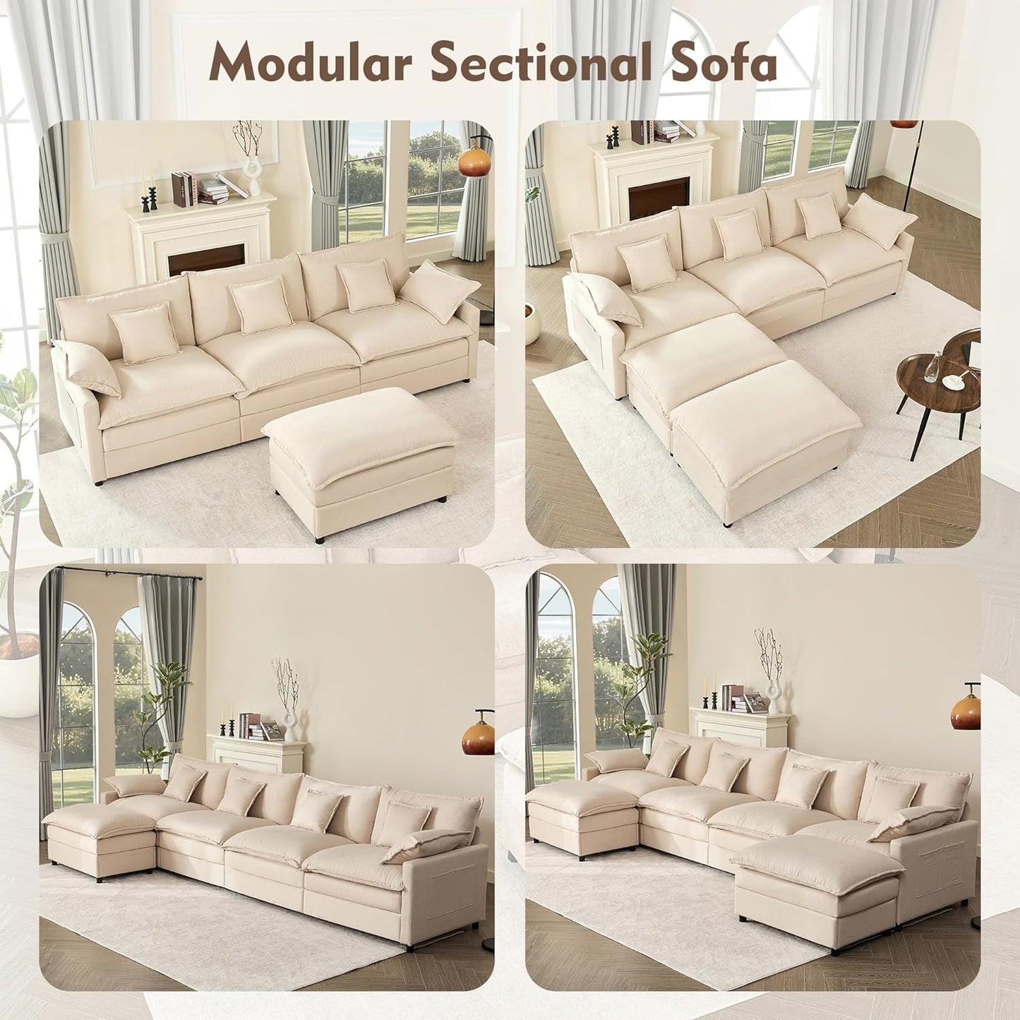 108" U-Shaped Modular Cloud Couch, Removable & Machine-Washable Covers, Movable Ottoman