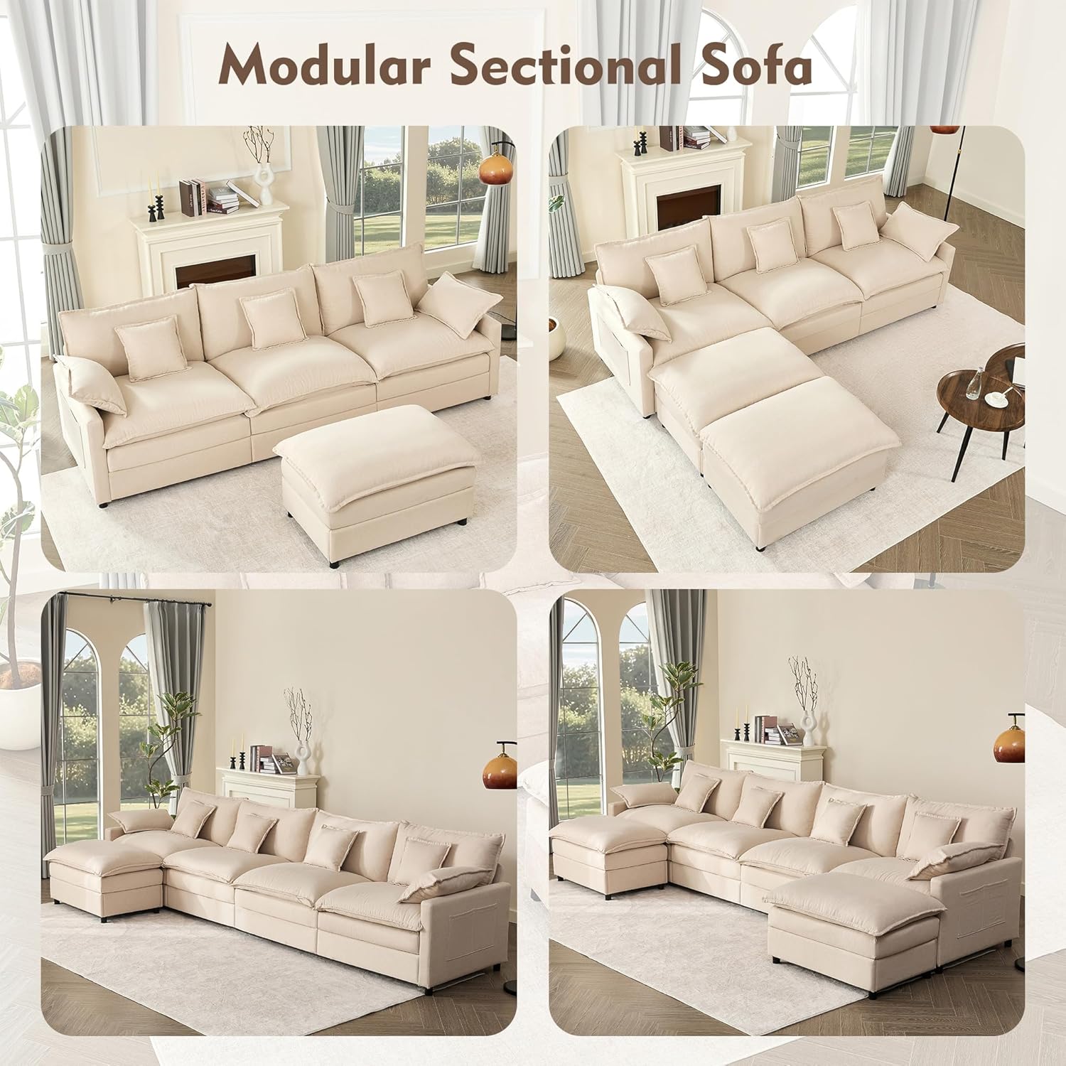108" U-Shaped Modular Cloud Couch, Removable & Machine-Washable Covers, Movable Ottoman