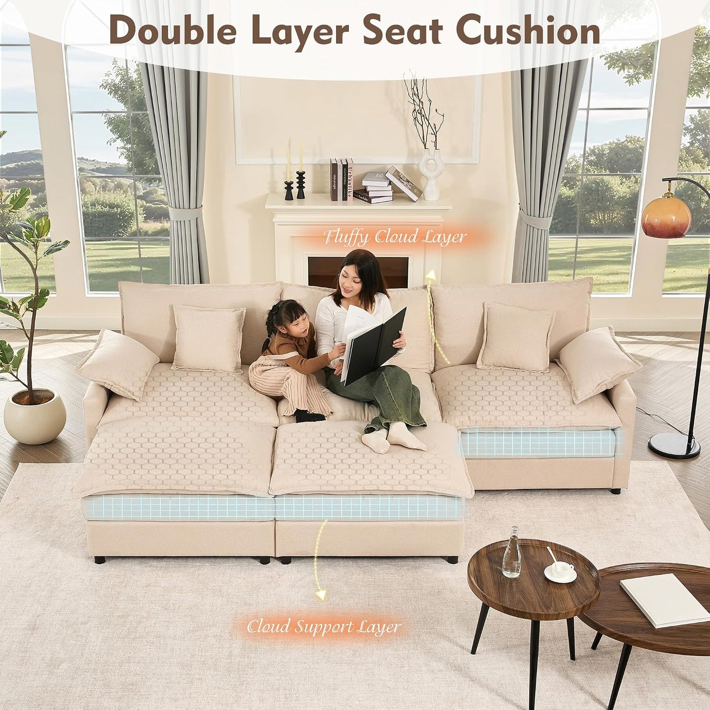 108" U-Shaped Modular Cloud Couch, Removable & Machine-Washable Covers, Movable Ottoman