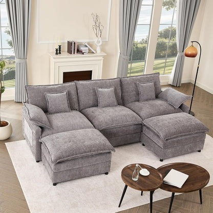 108" U-Shaped Modular Cloud Couch, Removable & Machine-Washable Covers, Movable Ottoman