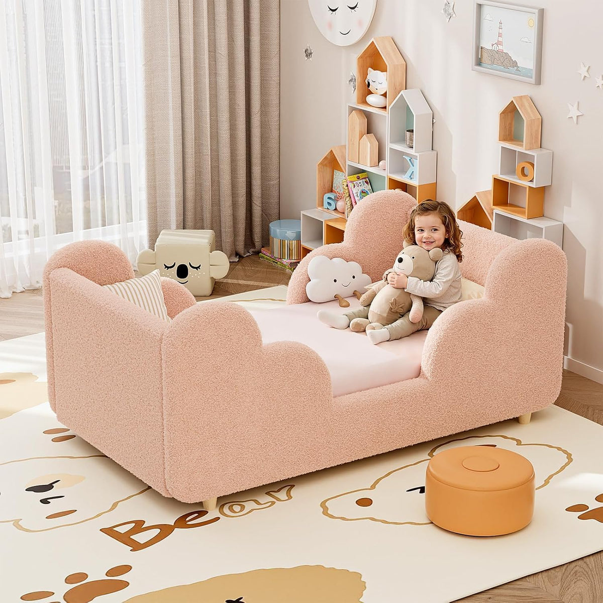 Toddler Bed Frame, Toddler Bed Upholstered, Low Profile Kids Beds with Safety Guardrails Floor Beds with Wood Slats for Girls Boys Children Aged 3-7 Years Old - Crib Size/Pink